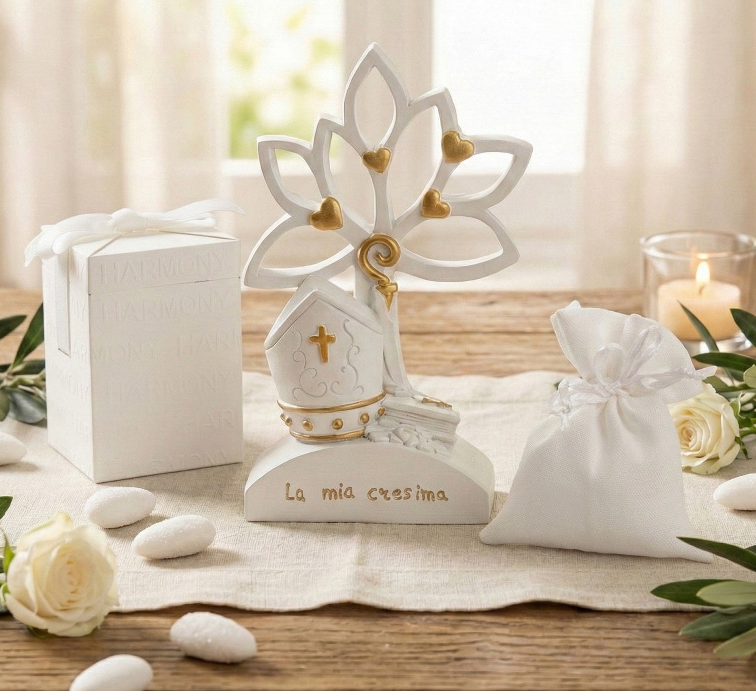 Albero della vita con simbolo cresima in resina bomboniera per cresima, Harmony