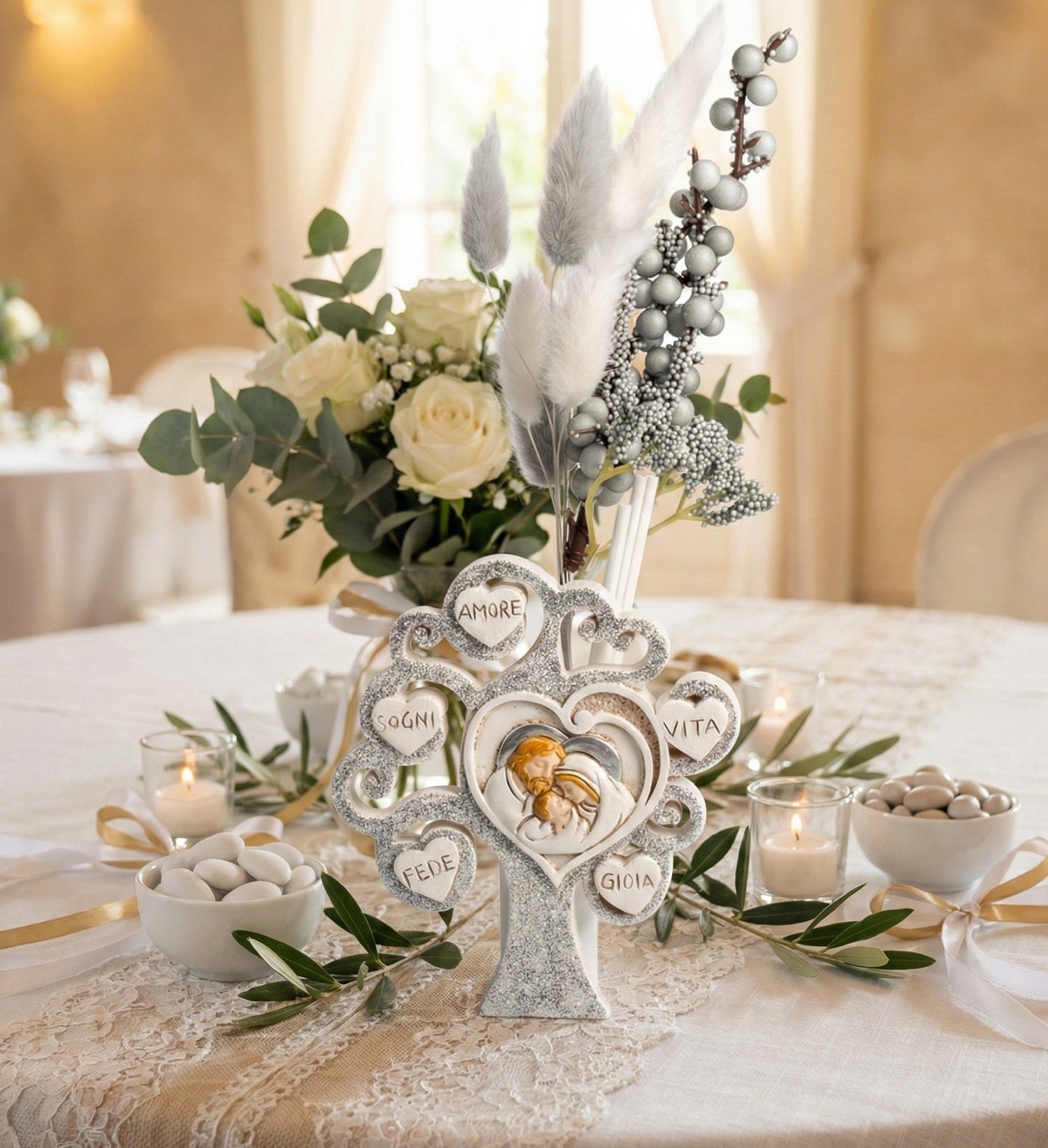 Profumatore albero della vita sacra famiglia decorato con cuori e glitter cresima bambina o bambino Harmony RSMT25046