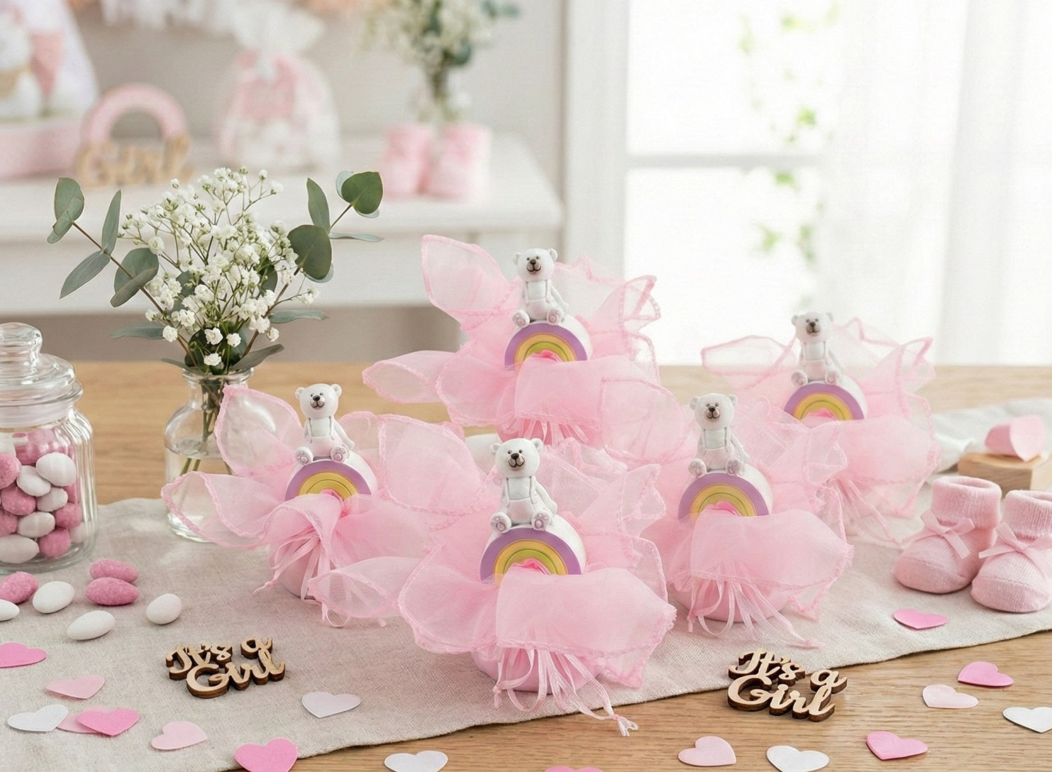 Set sacchettino porta confetti da 5 pz con orsetto in resina bomboniera per nascita, battesimo, Harmony RSNB24096