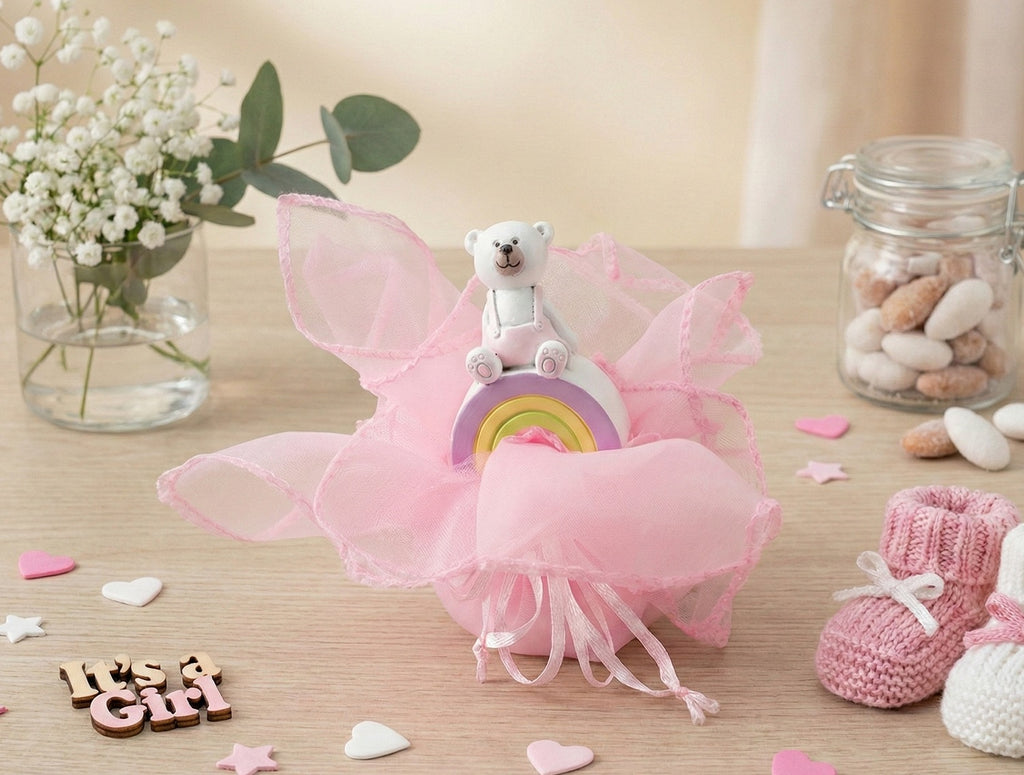Set sacchettino porta confetti da 5 pz con orsetto in resina bomboniera per nascita, battesimo, Harmony RSNB24096