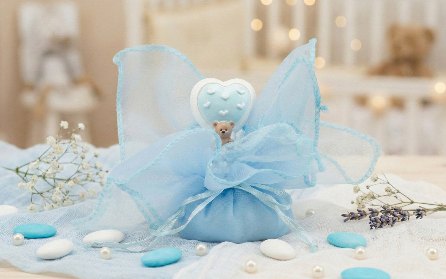 Set sacchettino porta confetti da 5 pz bomboniera per nascita, battesimo, Harmony RSNB24097