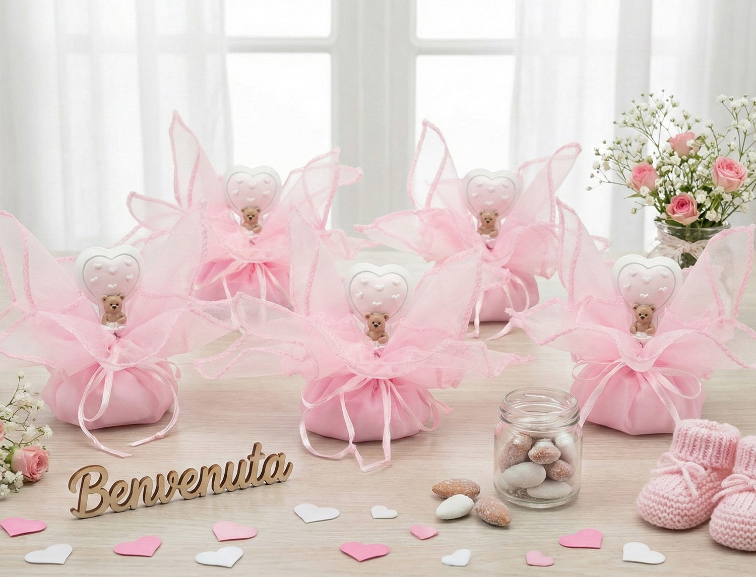 Set sacchettino rosa porta confetti da 5 pz con orsetto bomboniera per nascita, battesimo, Harmony RSNB24098
