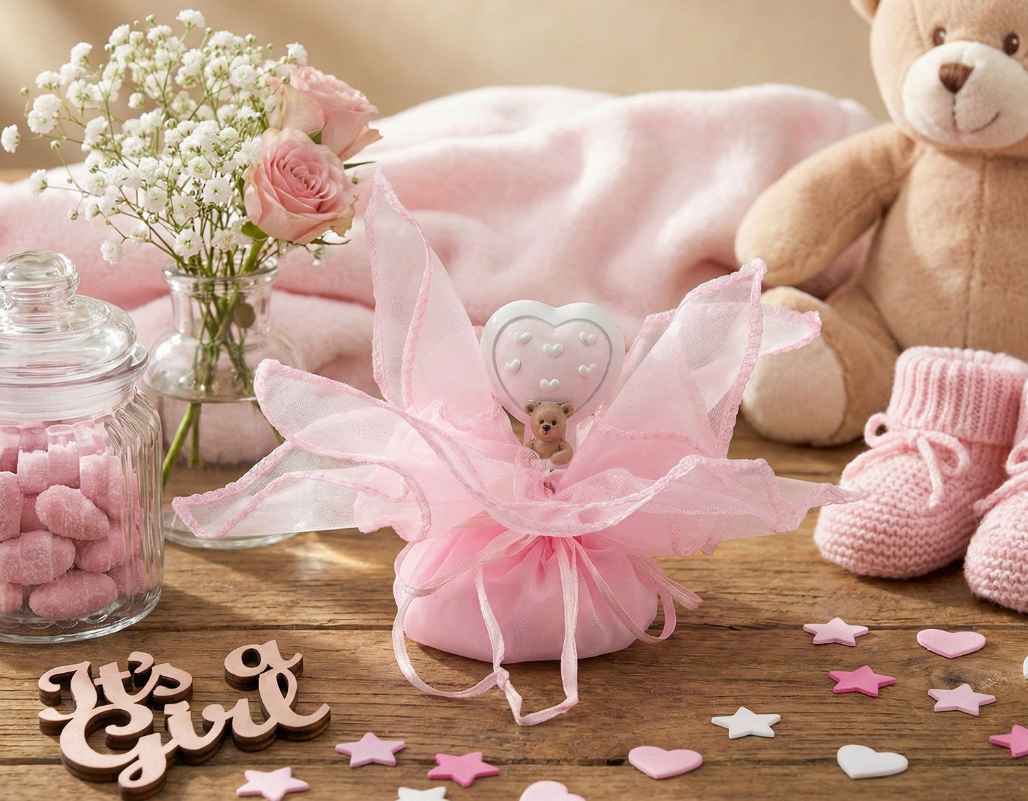 Set sacchettino rosa porta confetti da 5 pz con orsetto bomboniera per nascita, battesimo, Harmony RSNB24098