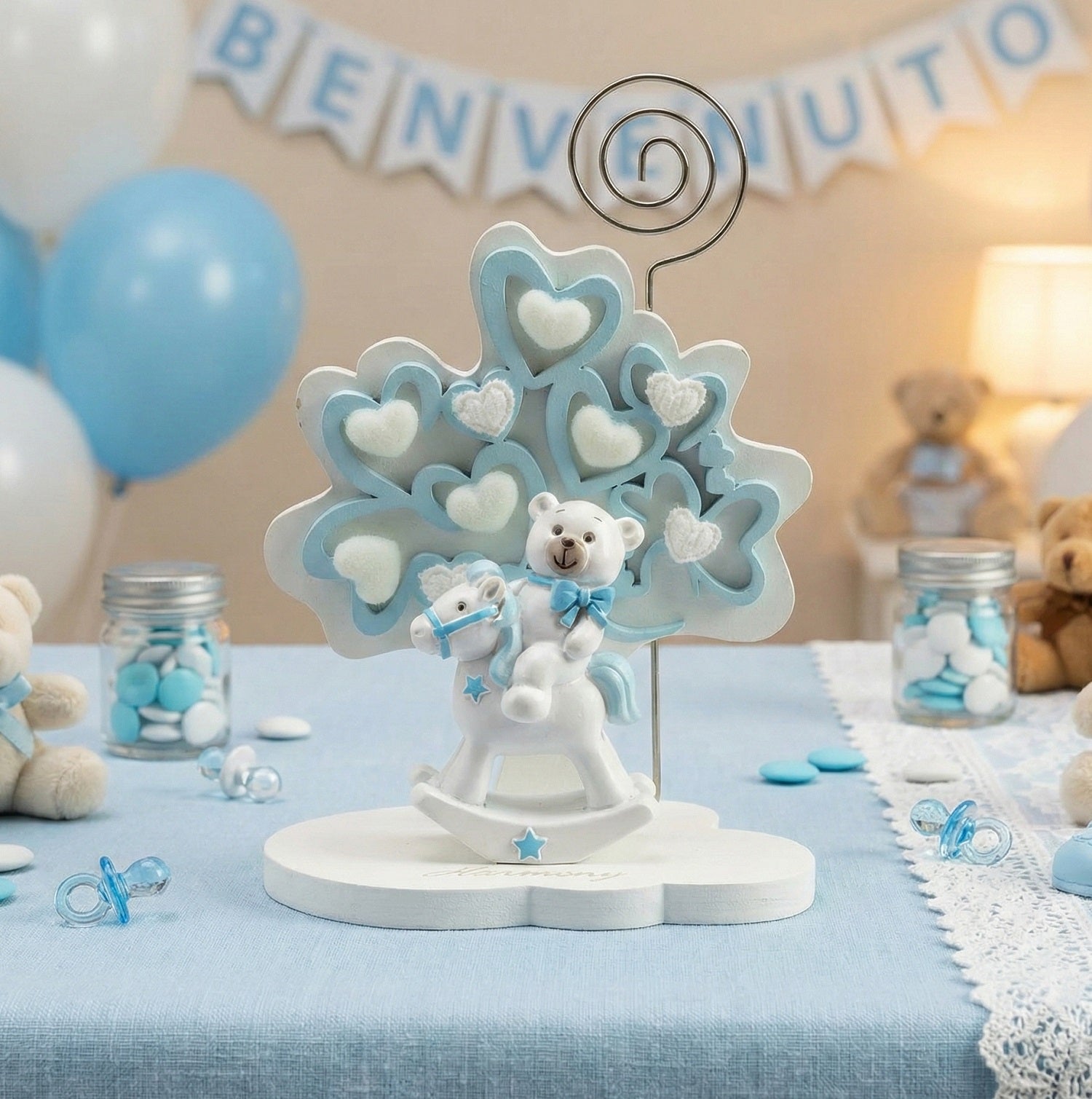 Albero della vita con cavalluccio e orsetto decorato con cuori per nascita e battesimo Harmony RSNB24185