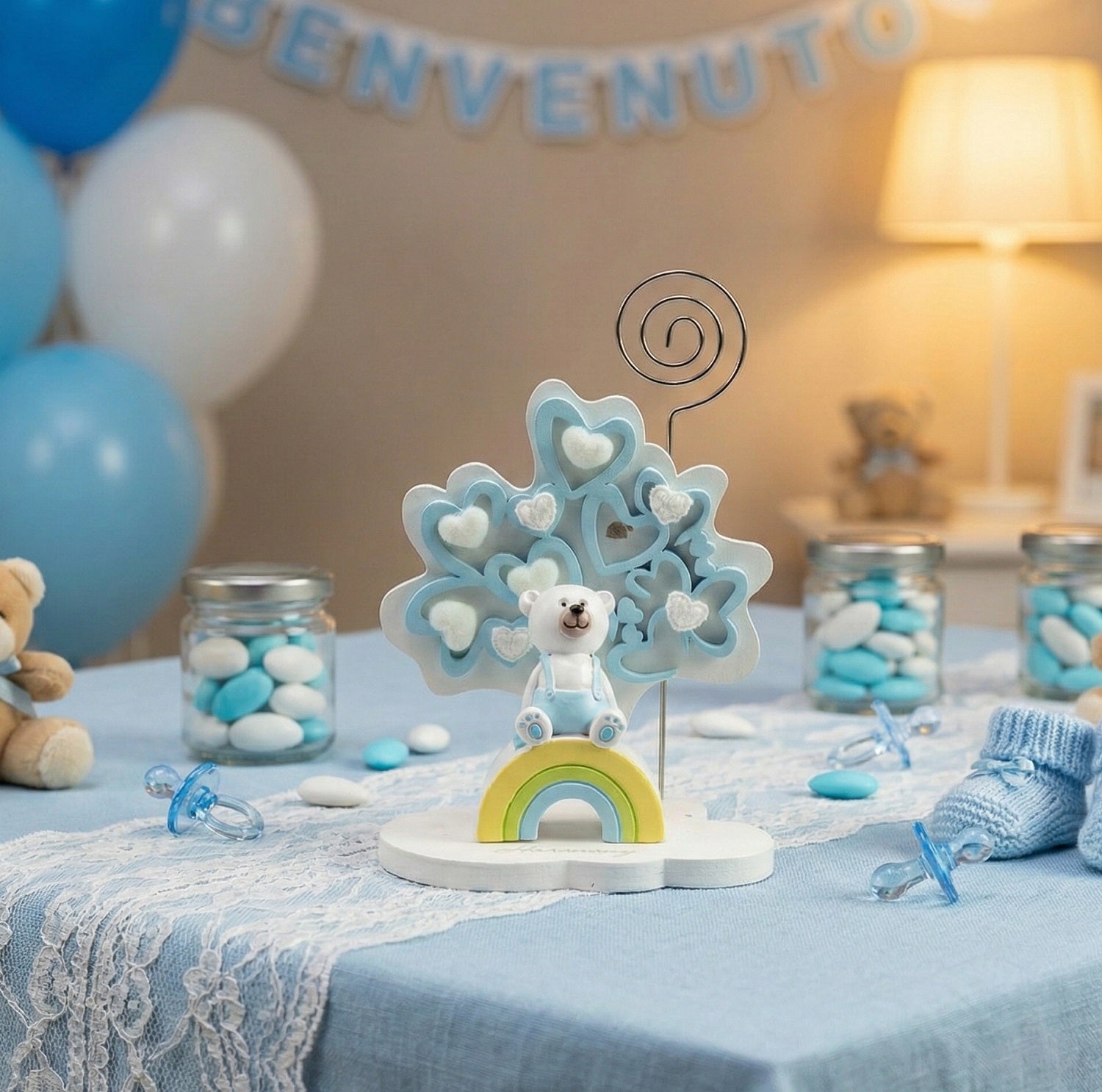 Albero della vita decorato con orsetto e arcobaleno bomboniera battesimo e nascita bambino Harmony RSNB24186