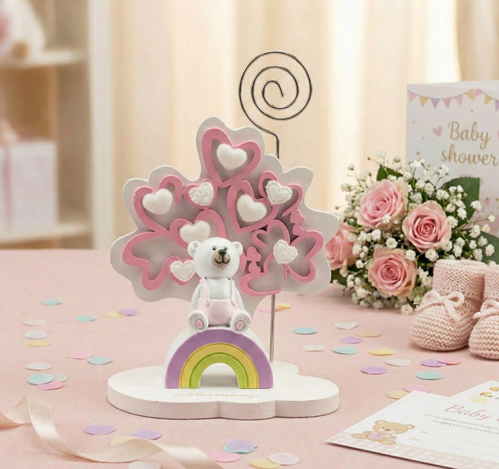 Albero della vita decorato con cuori e orsetto bomboniera battesimo e nascita bambina Harmony RSNB24189