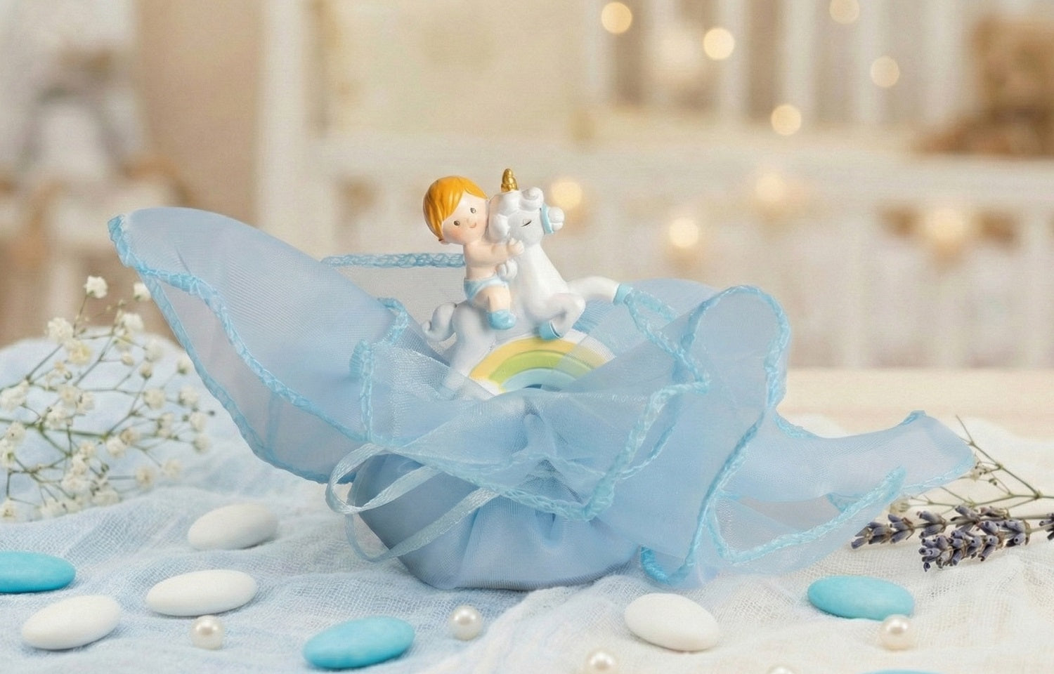 Set sacchettino celeste porta confetti da 5 pz bomboniera per nascita, battesimo, Harmony RSNB25082