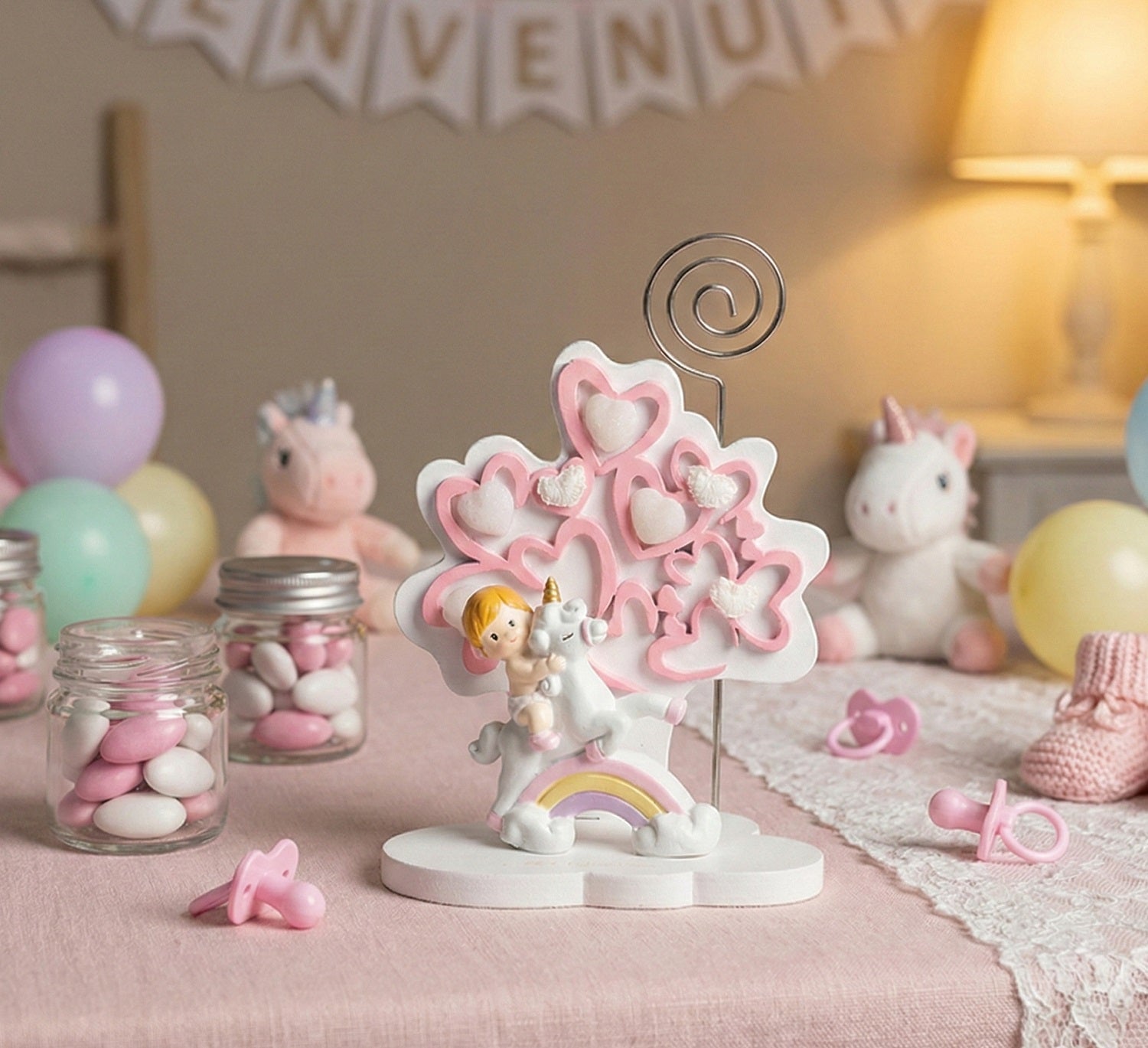 Albero della vita unicorno decorato con cuori per nascita e battesimo bambina Harmony RSNB25085