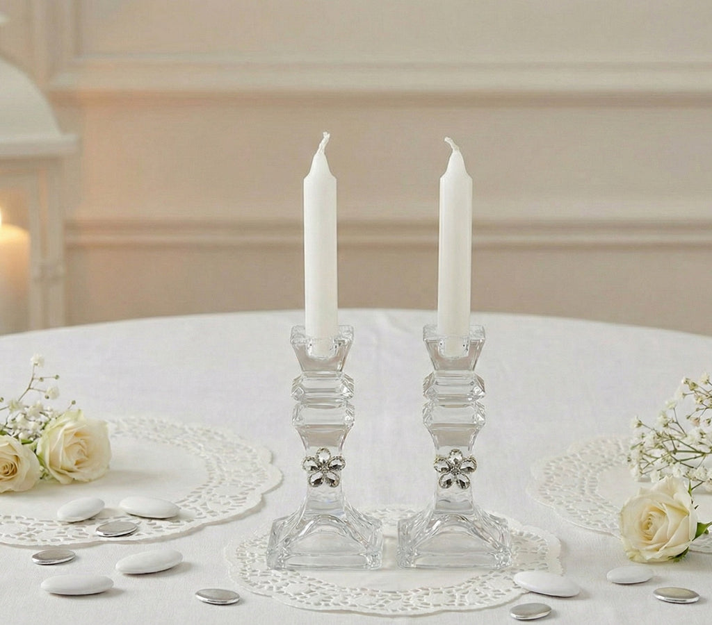 Bomboniera matrimonio set 2 porta candele in vetro con fiore in cristallo harmony S2461G
