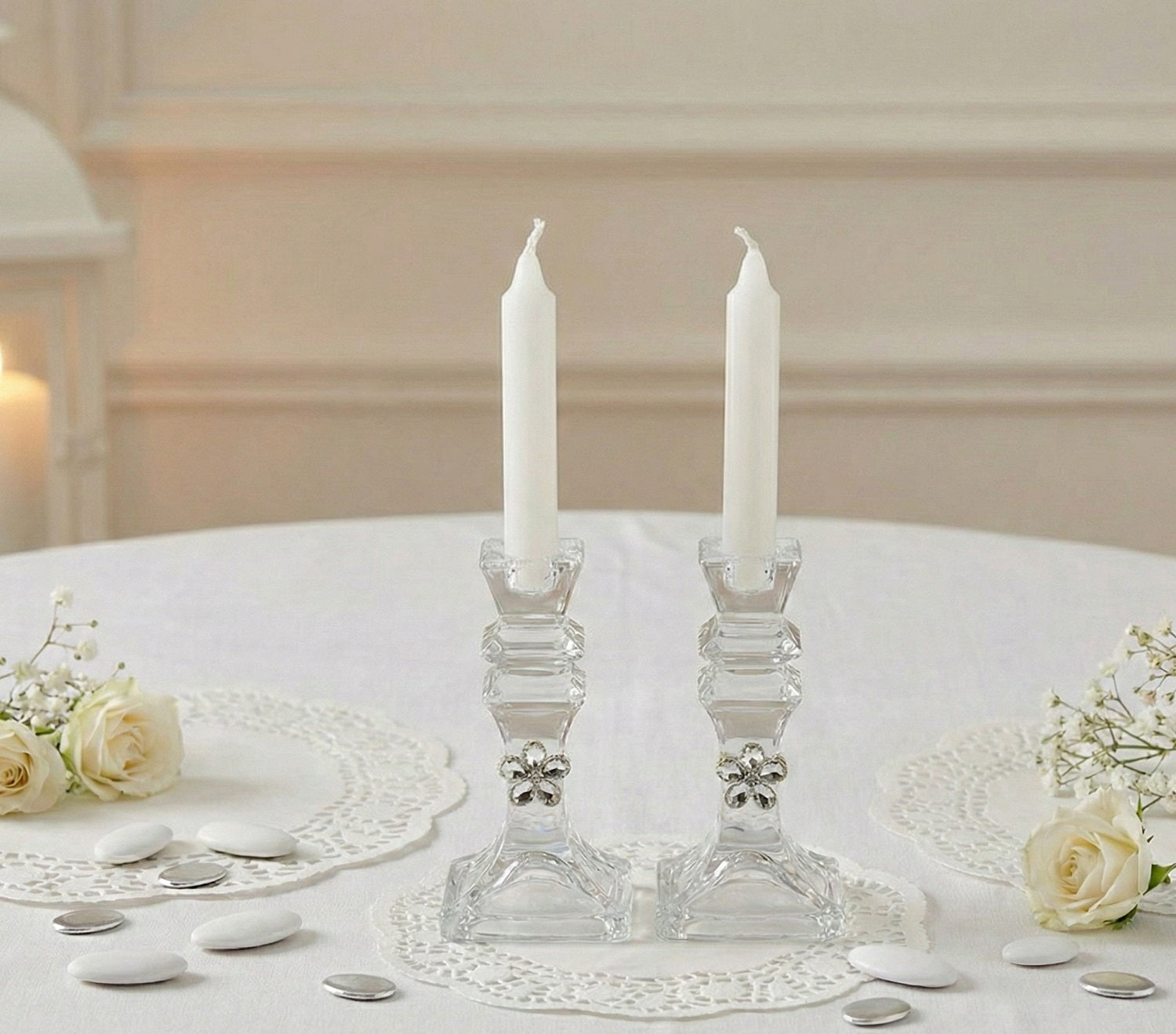Bomboniera matrimonio set 2 porta candele in vetro con fiore in cristallo harmony S2461G