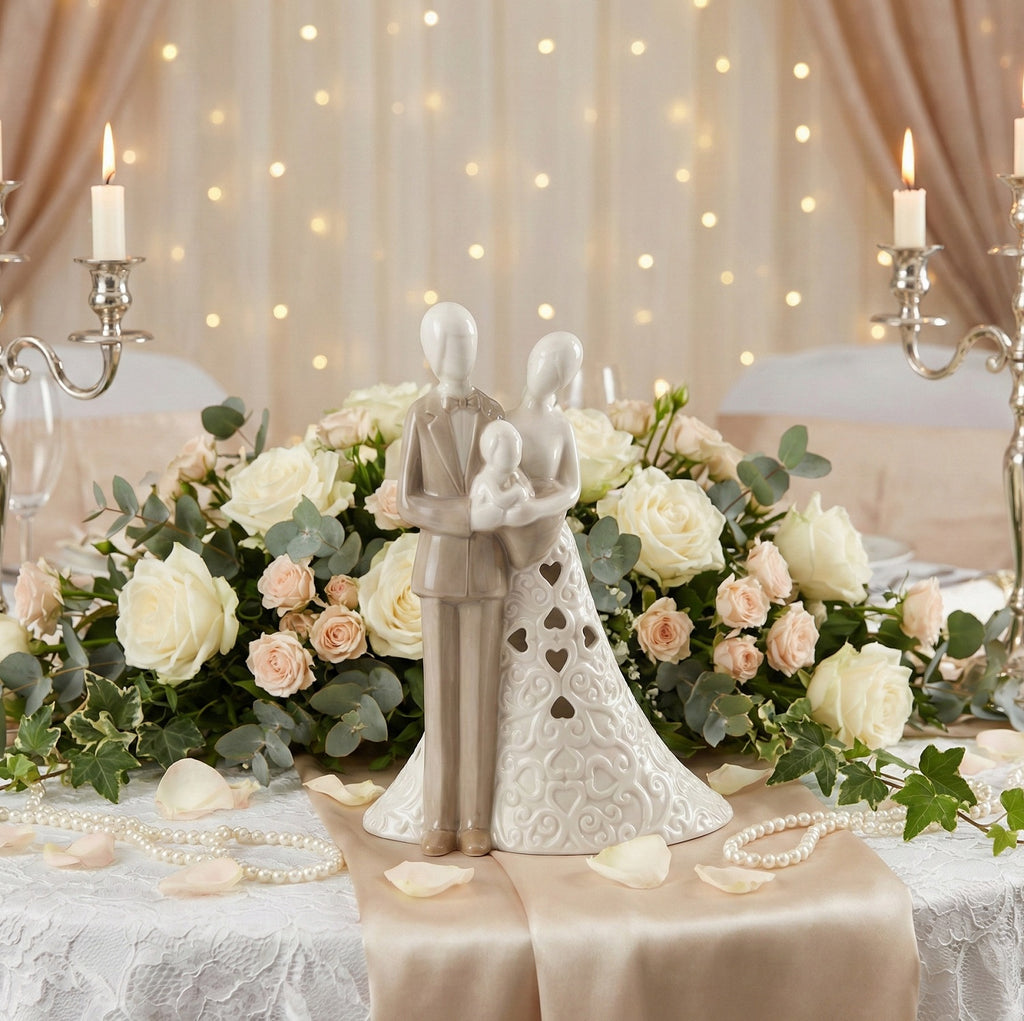 Bomboniera matrimonio con led sacra famiglia in porcellana bianco e tortora harmony S2494P