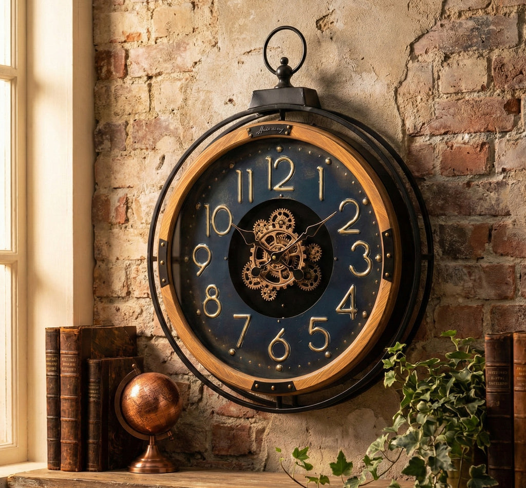 Orologio tondo con ingranaggi in metallo e legno harmony S2522S