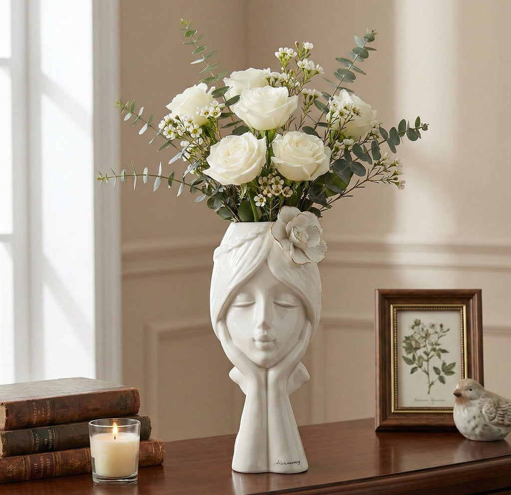 Vaso lady volto con fiore in porcellana bianco harmony S2540P