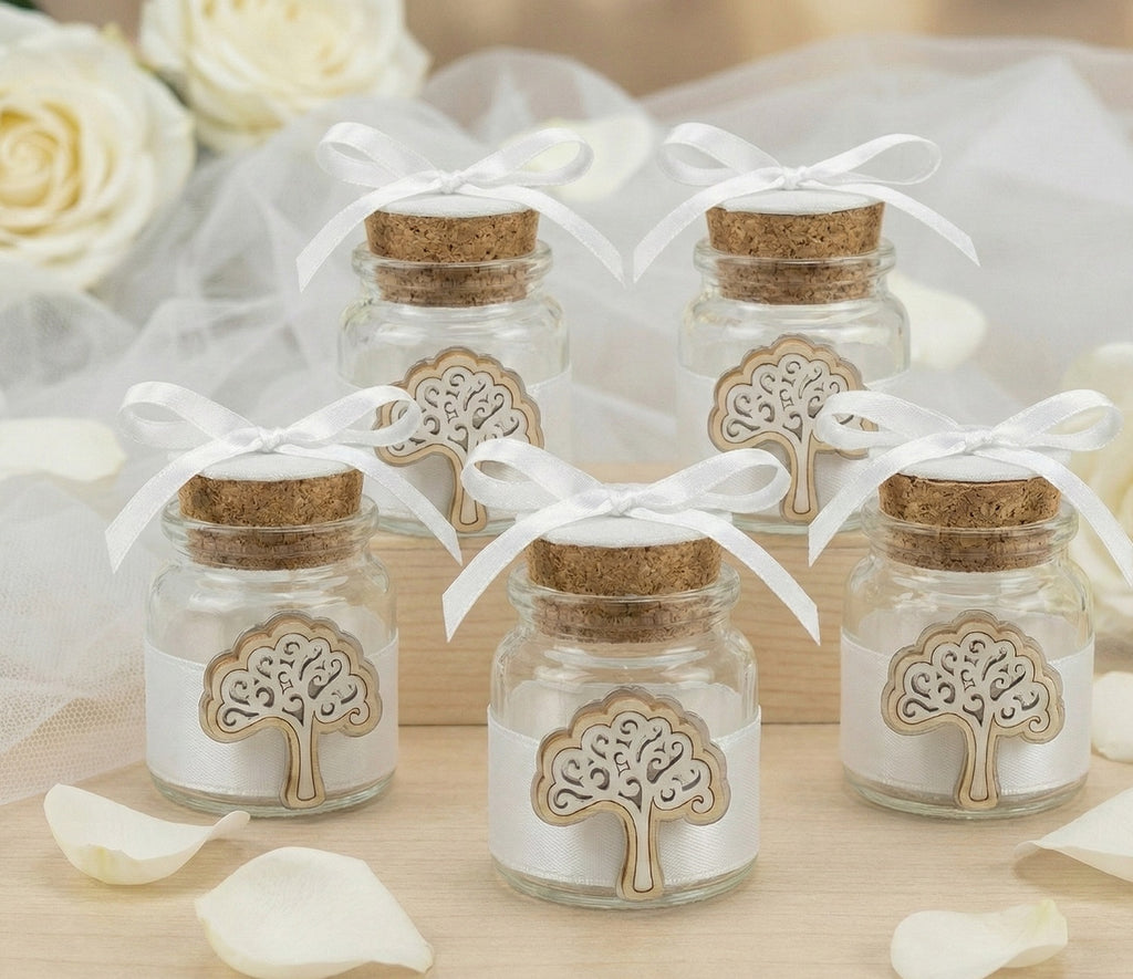Barattolino in vetro bomboniera per matrimonio, ricorrenze, comunione, cresima, Harmony S2757G
