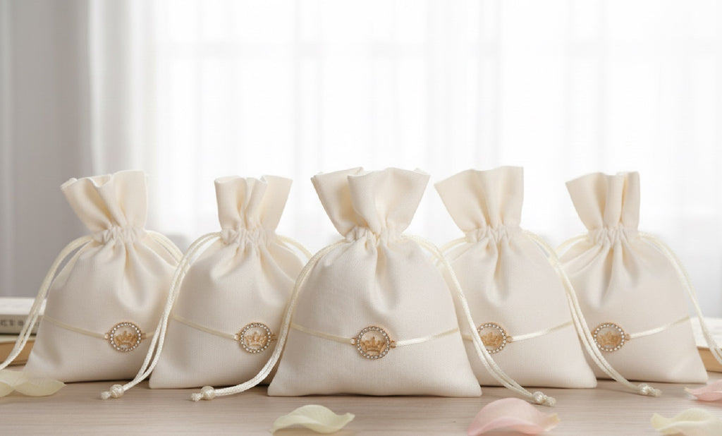 Set sacchettino panna porta confetti da 5 pz bomboniera per matrimonio, comunione, cresima, Harmony S3046A