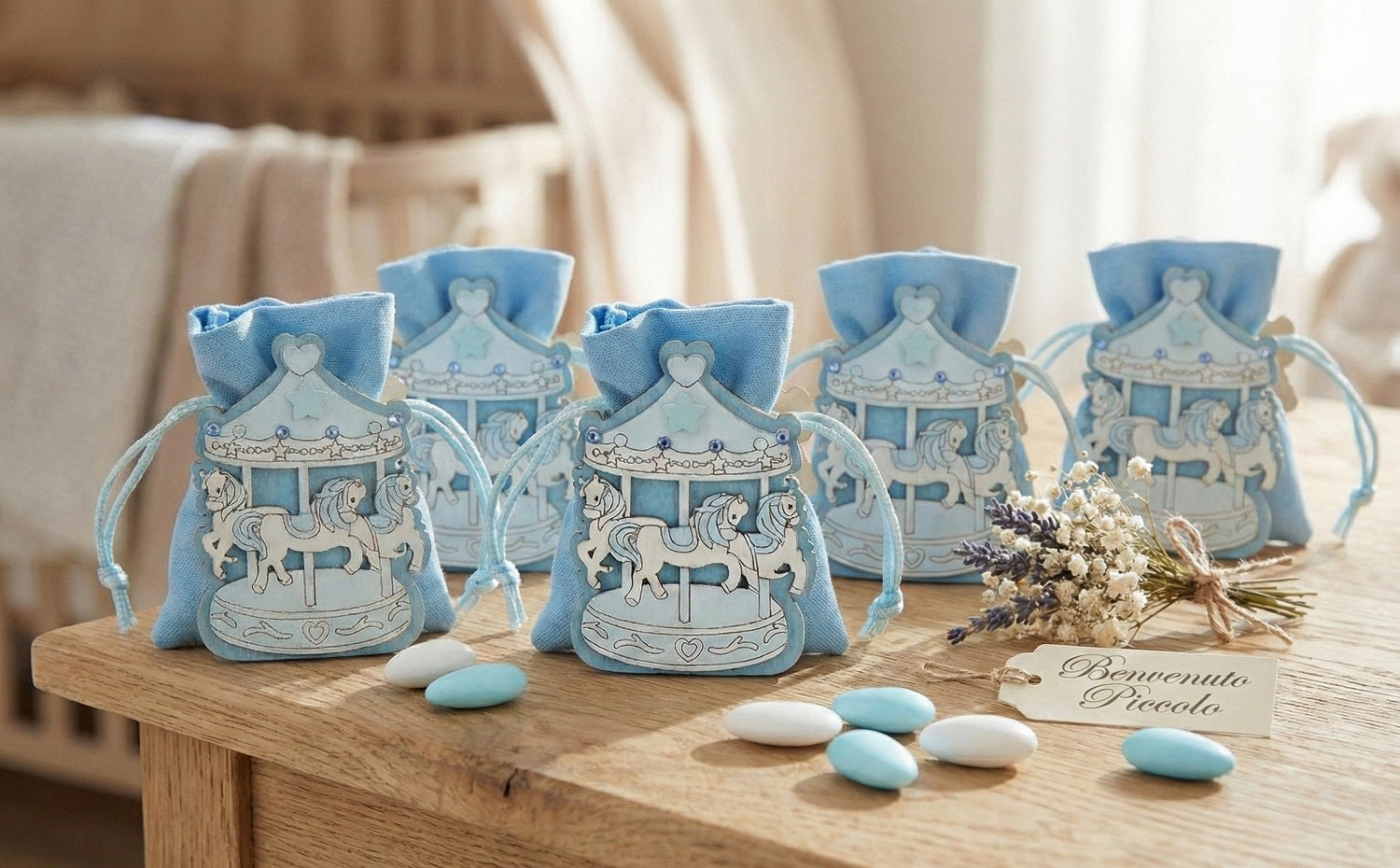 Set scatolina porta confetti da 5 pz giostrina bomboniera per nascita, battesimo, Harmony S3183L