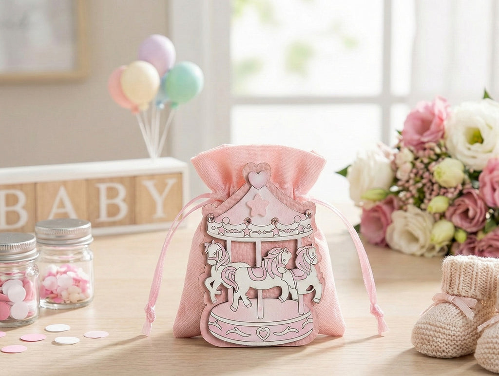 Set sacchettino porta confetti da 5 pz con giostrina bomboniera per nascita, battesimo, Harmony S3184L