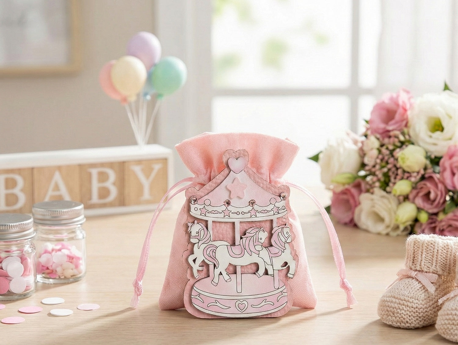 Set sacchettino porta confetti da 5 pz con giostrina bomboniera per nascita, battesimo, Harmony S3184L