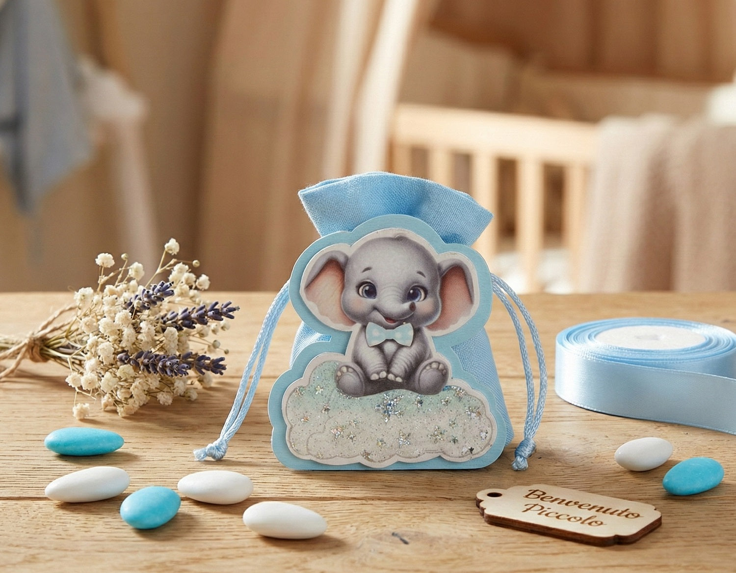 Set scatolina celeste porta confetti da 5 pz con elefante bomboniera per nascita, battesimo, Harmony S3185L