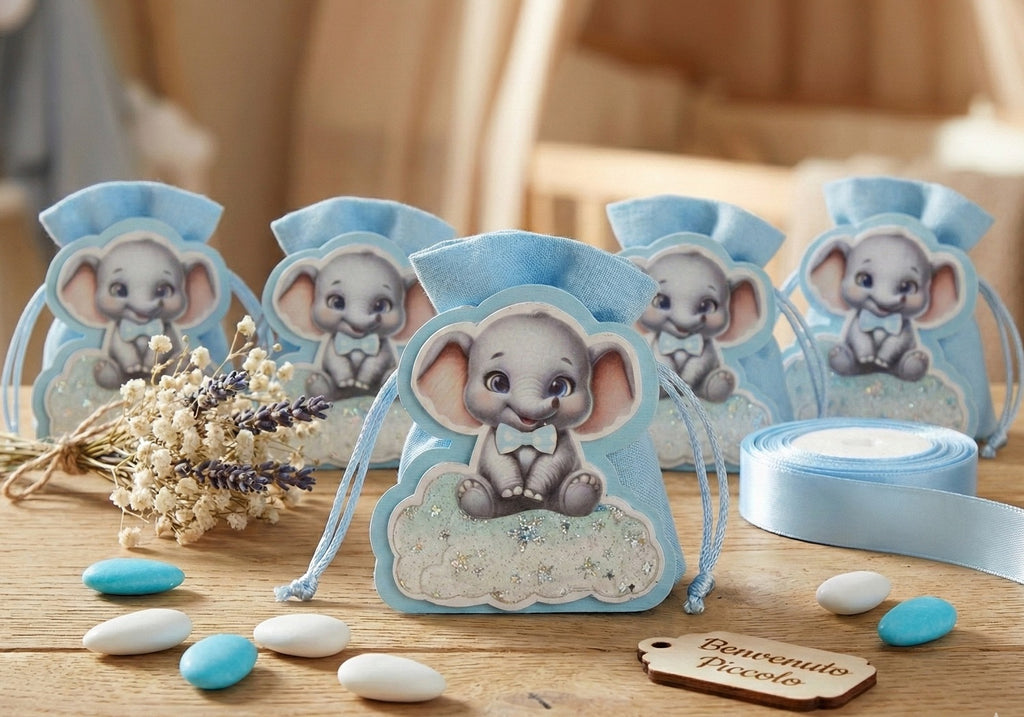 Set scatolina celeste porta confetti da 5 pz con elefante bomboniera per nascita, battesimo, Harmony S3185L