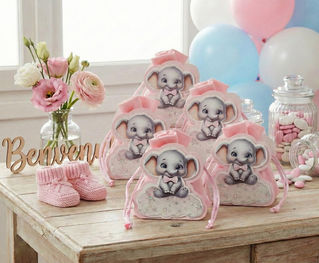 Set sacchettino porta confetti da 5 pz con elefante bomboniera per nascita, battesimo, Harmony S3186L