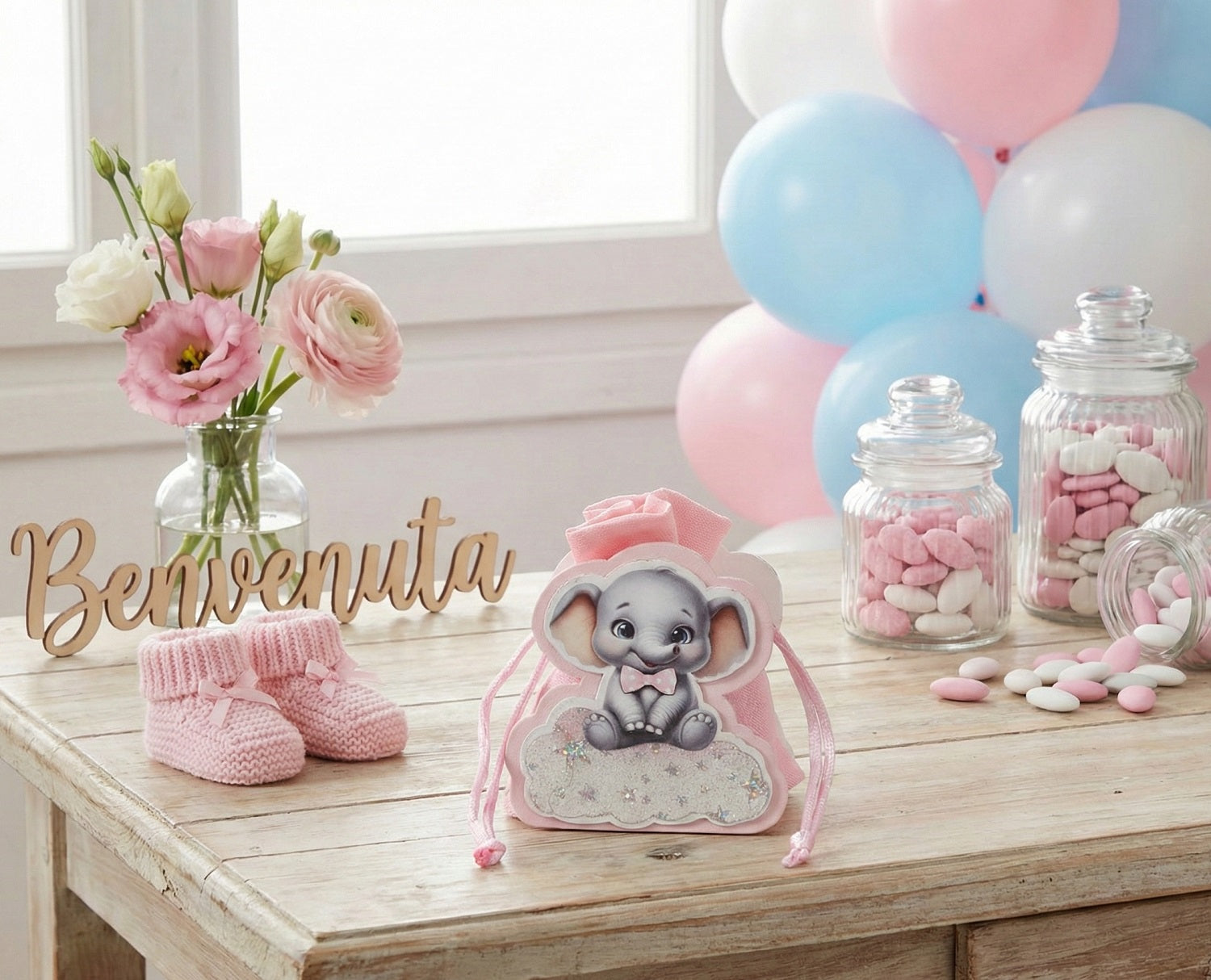 Set sacchettino porta confetti da 5 pz con elefante bomboniera per nascita, battesimo, Harmony S3186L