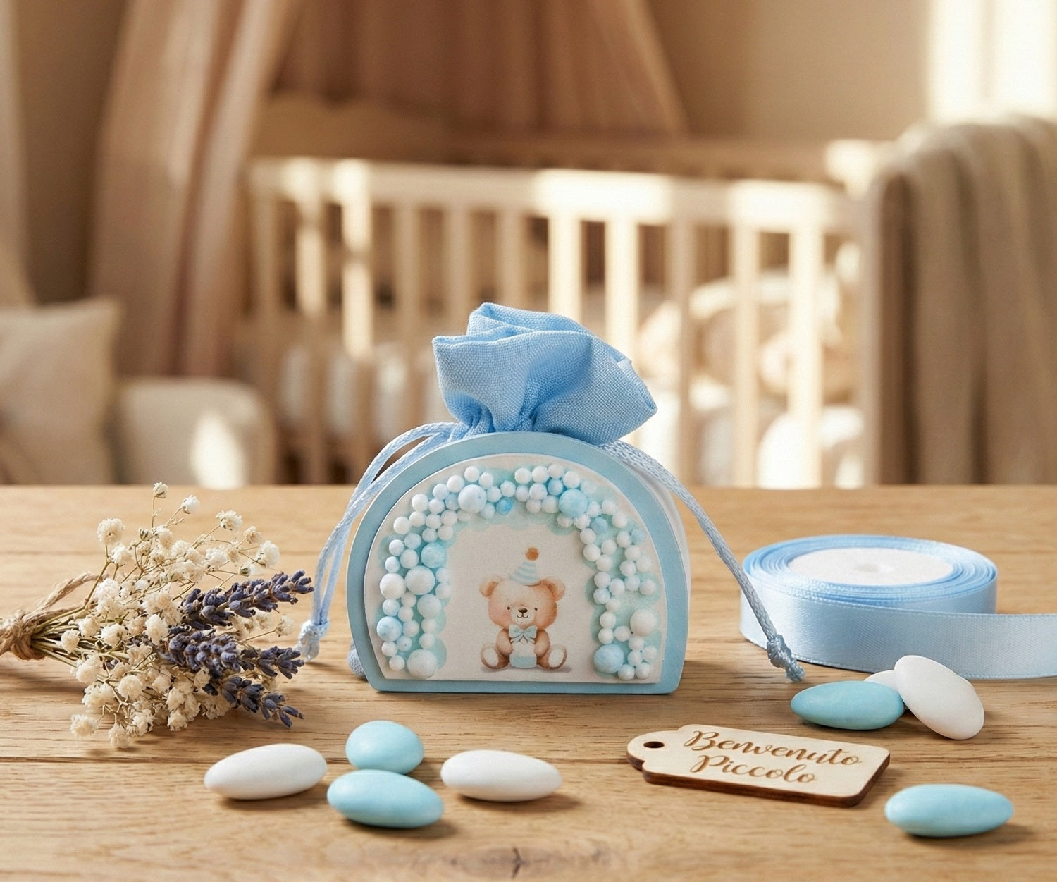 Set scatolina celeste porta confetti da 5 pz con orsetto bomboniera per nascita, battesimo, Harmony S3187L