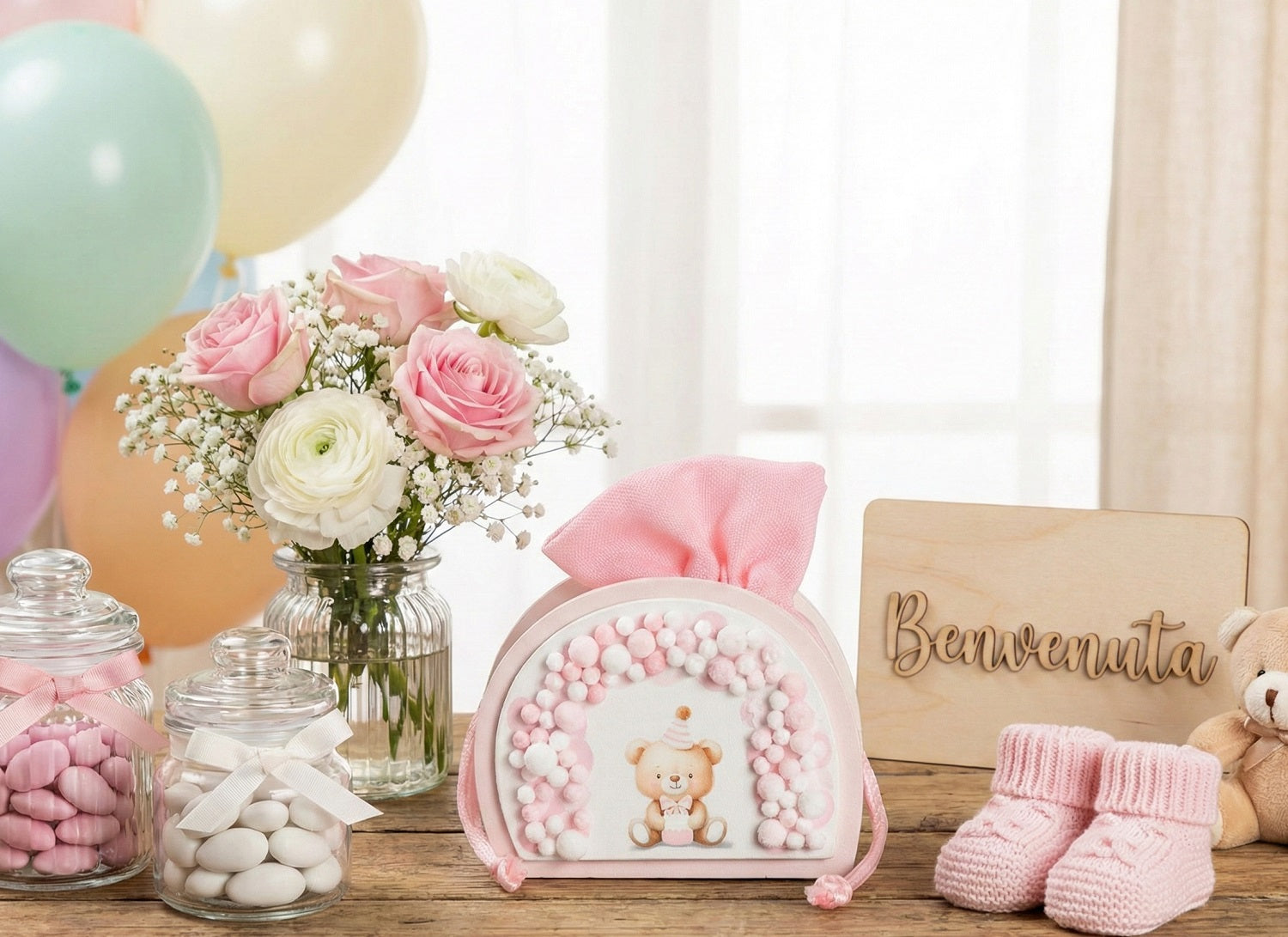 Set sacchettino porta confetti da 5 pz con orsetto per nascita, battesimo, Harmony S3188L