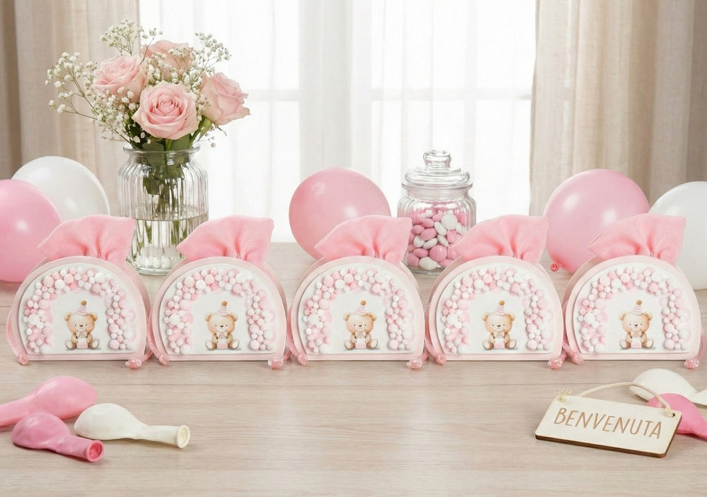 Set sacchettino porta confetti da 5 pz con orsetto per nascita, battesimo, Harmony S3188L