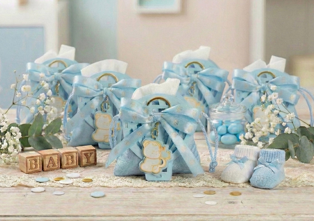 Set scatolina celeste porta confetti da 5 pz con mongolfiera bomboniera per nascita, battesimo, Harmony S3189L