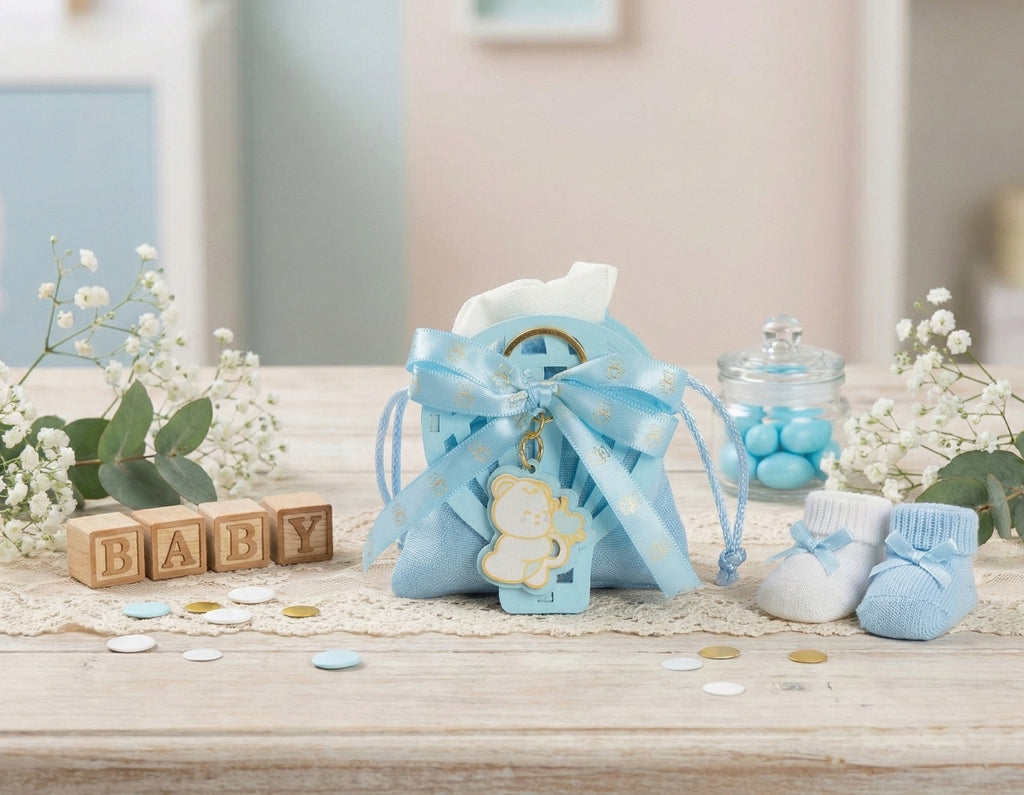 Set scatolina celeste porta confetti da 5 pz con mongolfiera bomboniera per nascita, battesimo, Harmony S3189L