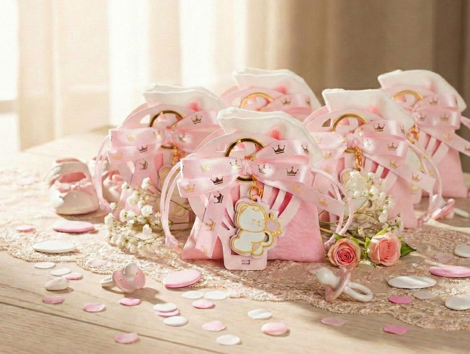 Set sacchettino porta confetti da 5 pz con mongolfiera e orsetto bomboniera per nascita, battesimo, Harmony S3190L