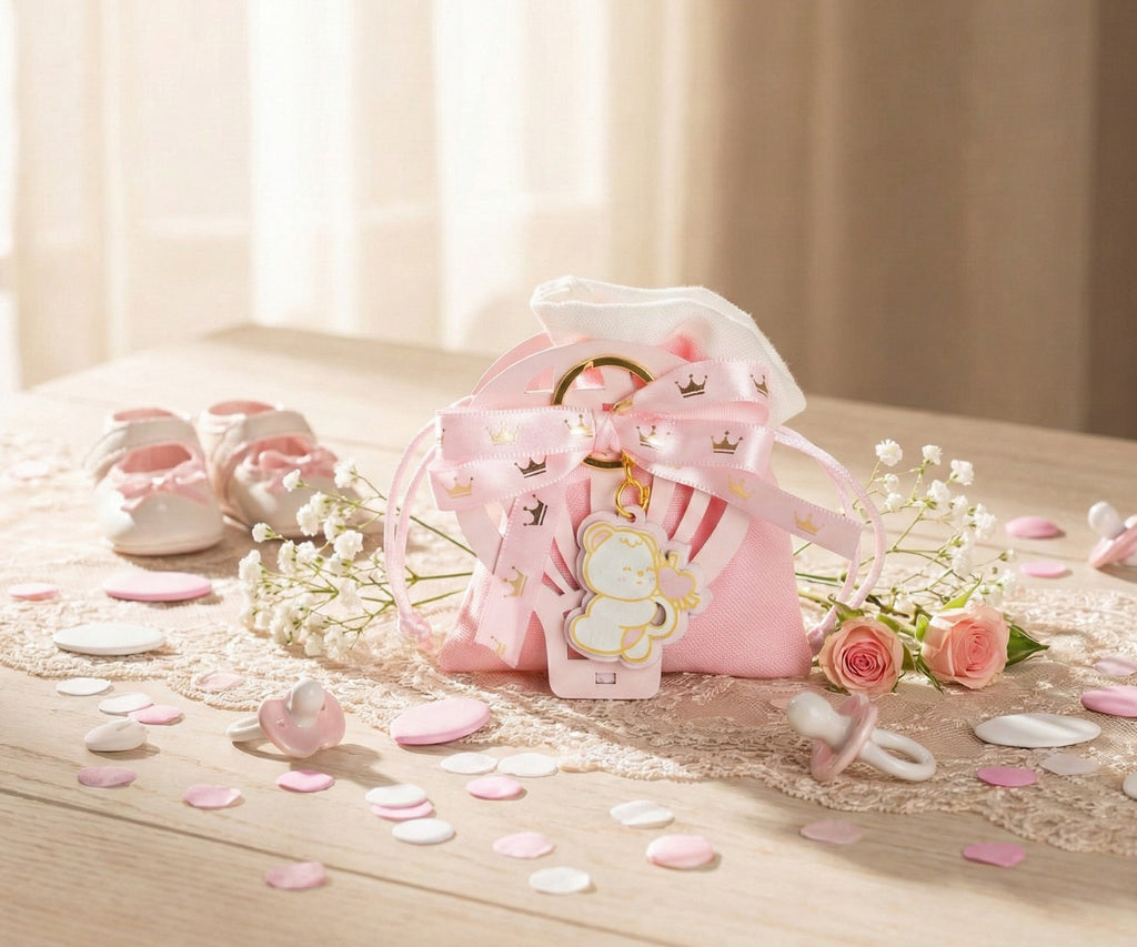 Set sacchettino porta confetti da 5 pz con mongolfiera e orsetto bomboniera per nascita, battesimo, Harmony S3190L