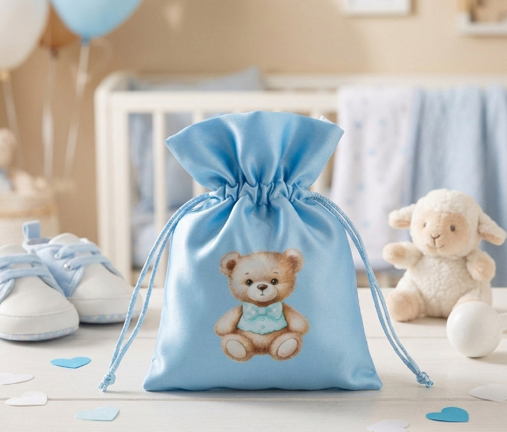 Set sacchetto celeste porta confetti da 5 pz con orsetto bomboniera per nascita, battesimo, Harmony S3195A