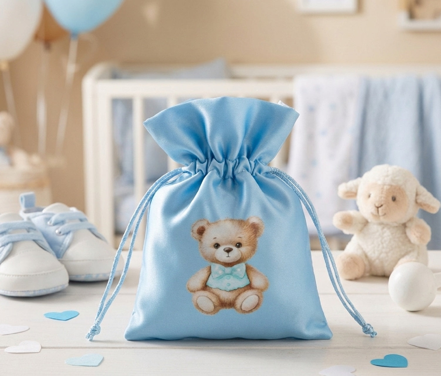 Set sacchetto celeste porta confetti da 5 pz con orsetto bomboniera per nascita, battesimo, Harmony S3195A