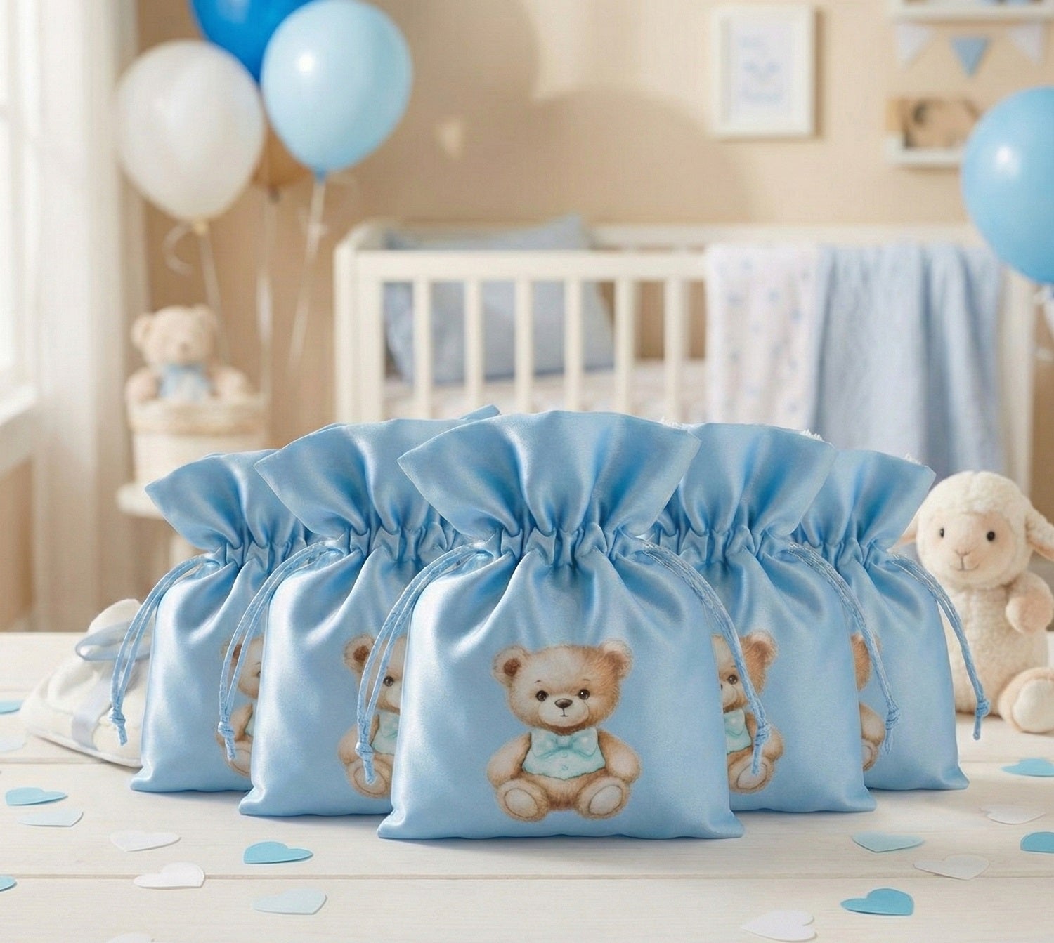 Set sacchetto celeste porta confetti da 5 pz con orsetto bomboniera per nascita, battesimo, Harmony S3195A