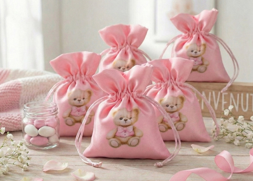 Set sacchettino rosa porta confetti da 5 pz con orsetto bomboniera per nascita, battesimo, Harmony S3196A