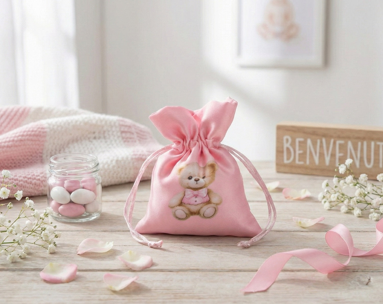 Set sacchettino rosa porta confetti da 5 pz con orsetto bomboniera per nascita, battesimo, Harmony S3196A
