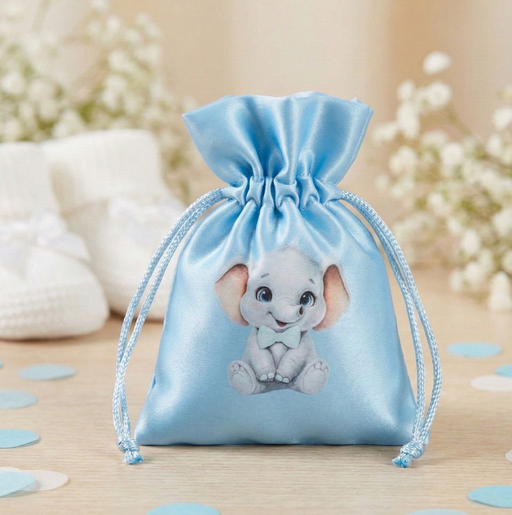 Set sacchetto celeste porta confetti da 5 pz con elefante bomboniera per nascita, battesimo, Harmony S3197A