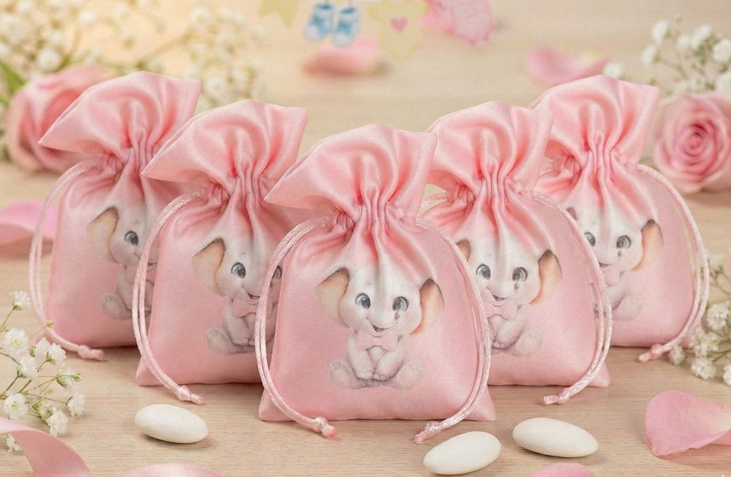 Set sacchettino porta confetti da 5 pz con elefante bomboniera per nascita, battesimo, Harmony S3198A