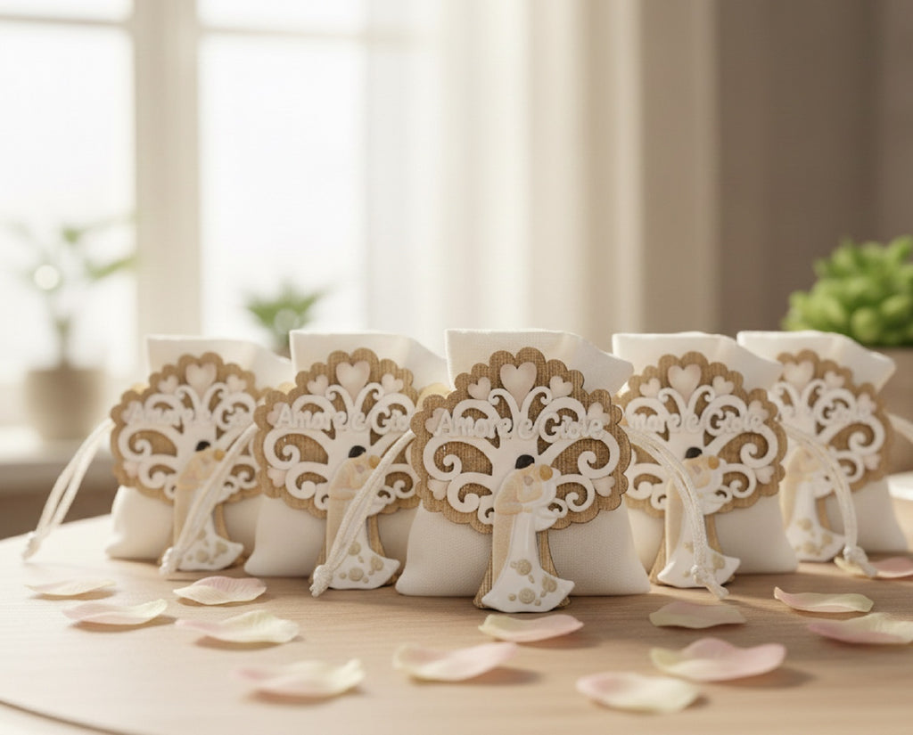Set sacchettino porta confetti da 5 pz sposi bomboniera per matrimonio, Harmony S3201L