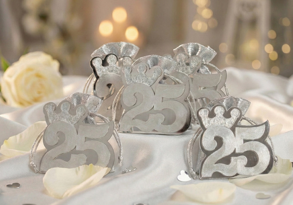 Set scatolina silver con sacchetto da 5 pz bomboniera per nozze d'argento, venticinquesimo, Harmony S3203L