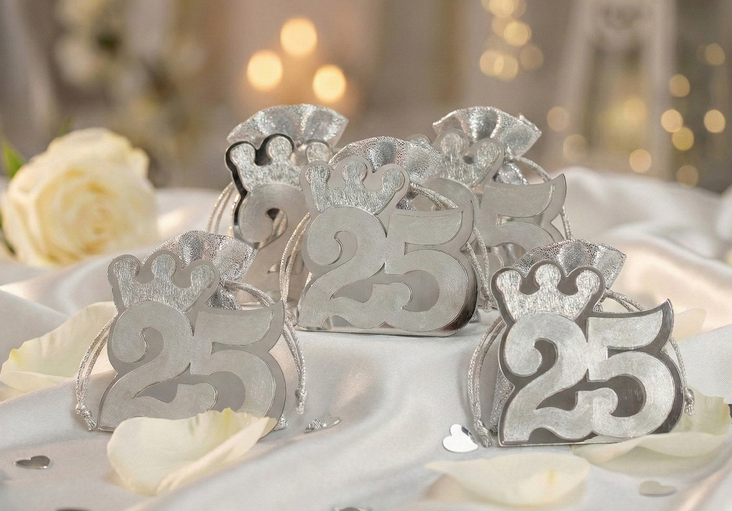 Set scatolina silver con sacchetto da 5 pz bomboniera per nozze d'argento, venticinquesimo, Harmony S3203L