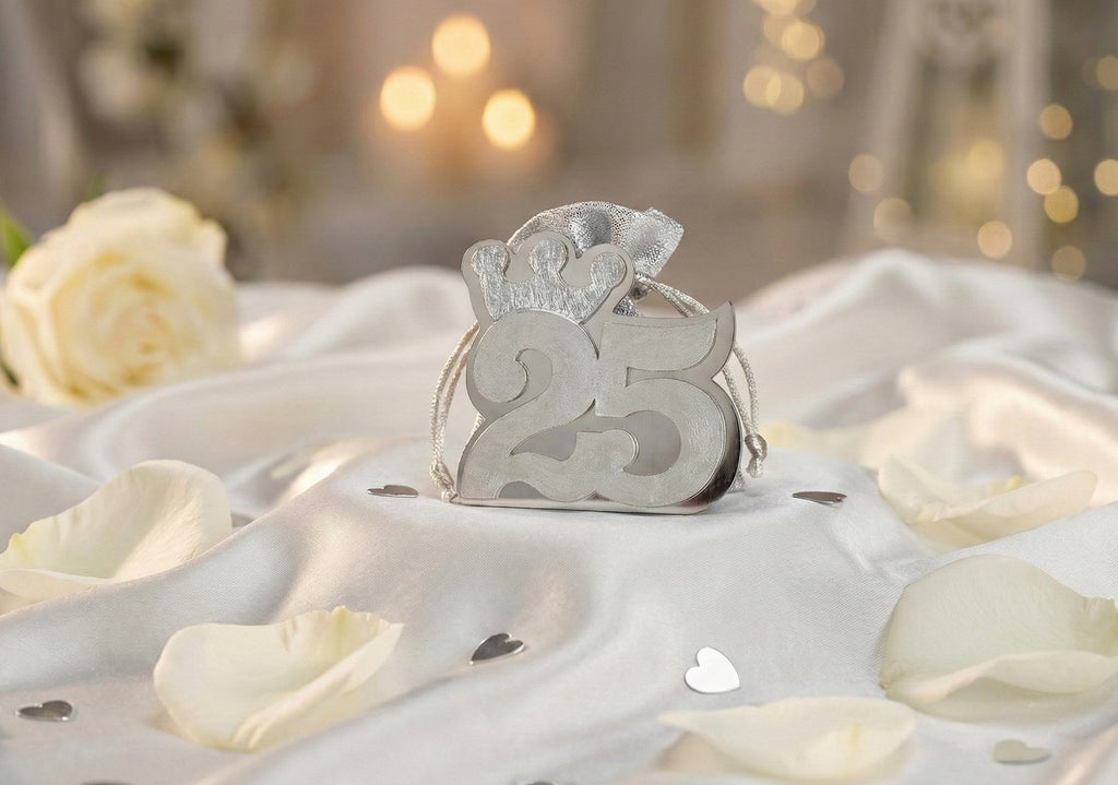 Set scatolina silver con sacchetto da 5 pz bomboniera per nozze d'argento, venticinquesimo, Harmony S3203L