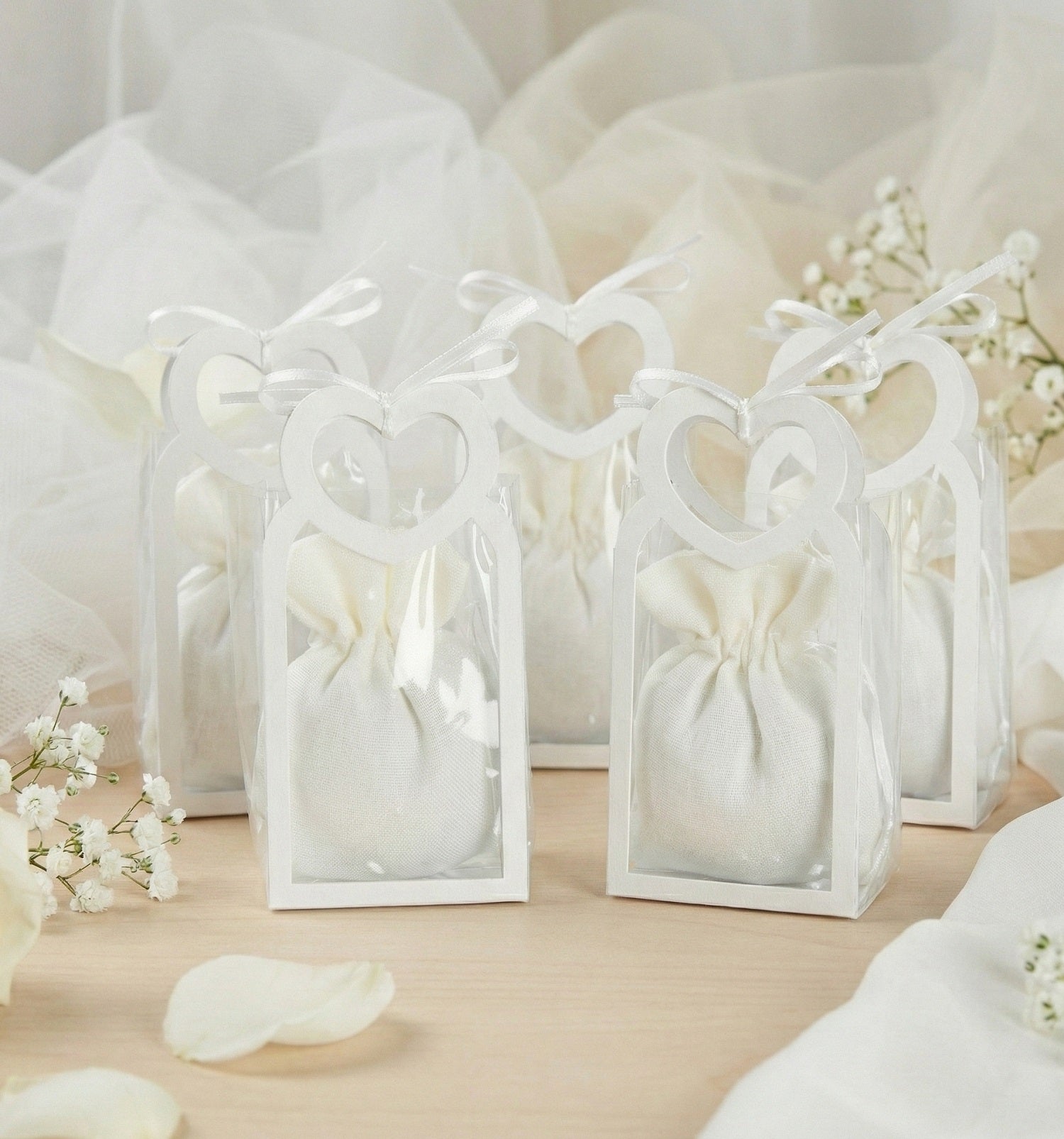 Set borsettina trasparente porta confetti da 5 pz bomboniera per matrimonio, comunione, cresima, Harmony S3207A