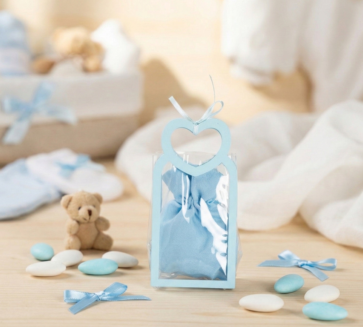 Set borsettina trasparentre porta confetti da 5 pz bomboniera per nascita, battesimo, Harmony S3208A