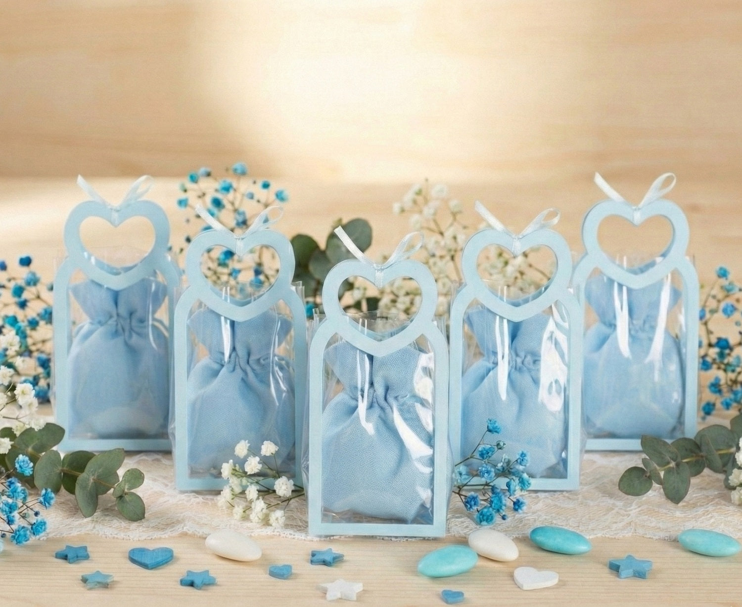 Set borsettina trasparentre porta confetti da 5 pz bomboniera per nascita, battesimo, Harmony S3208A