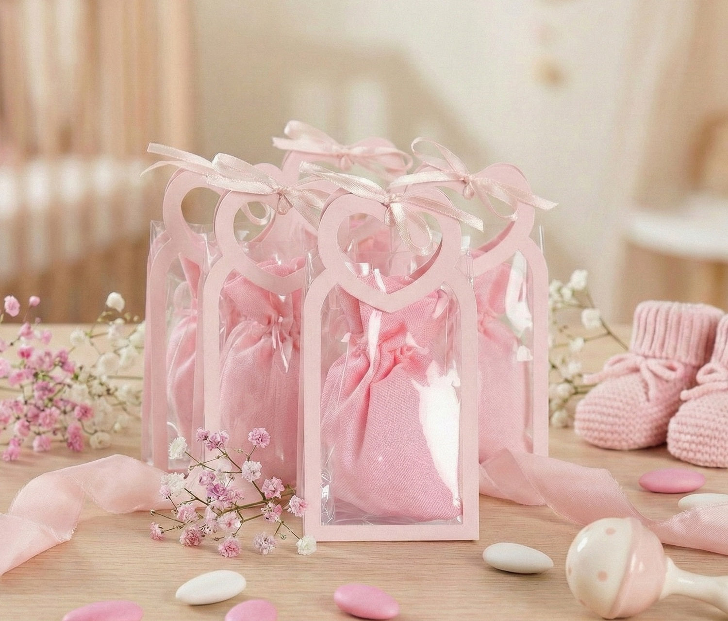 Set borsettina trasparente porta confetti da 5 pz bomboniera per nascita, battesimo, Harmony S3209A