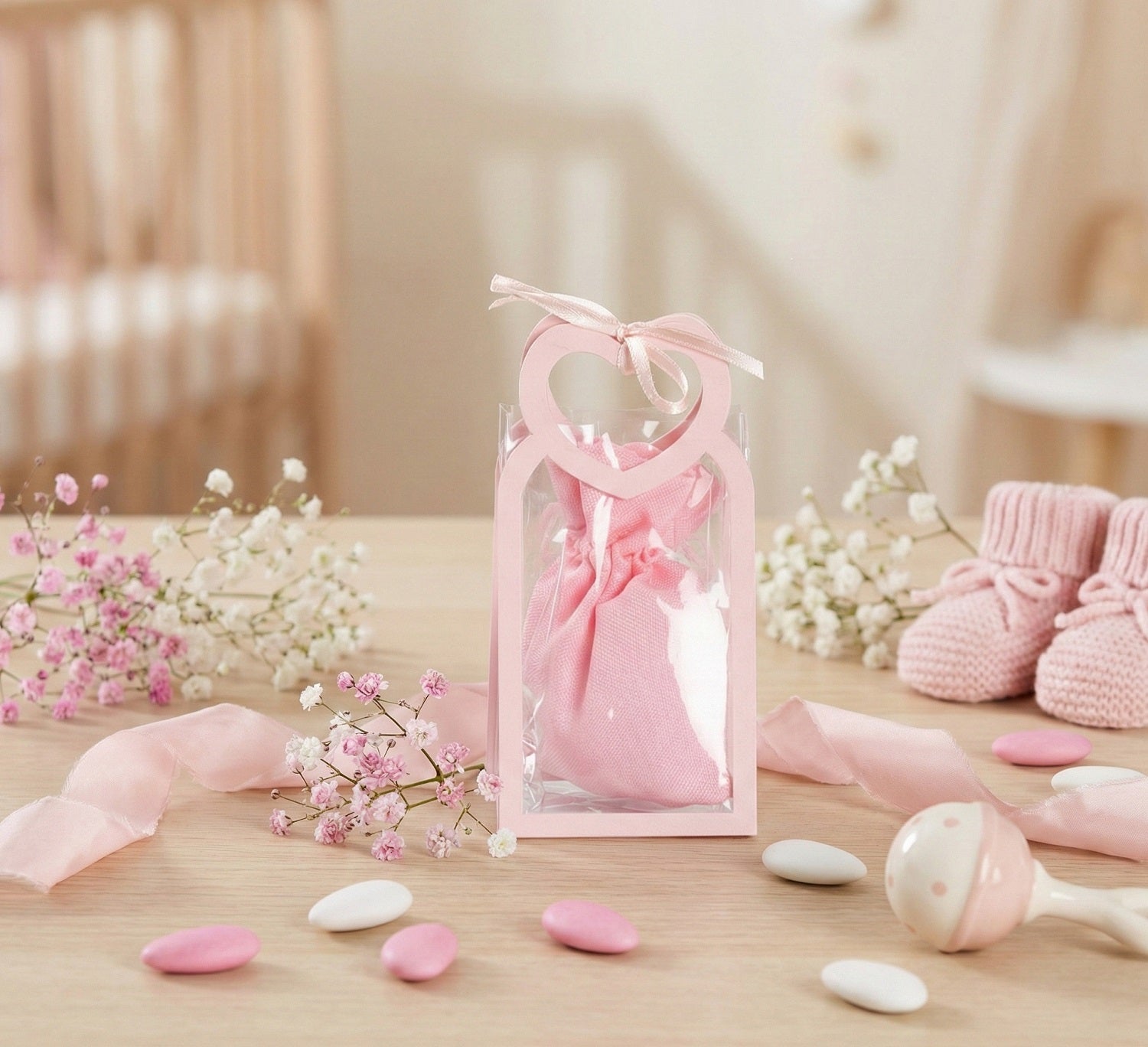 Set borsettina trasparente porta confetti da 5 pz bomboniera per nascita, battesimo, Harmony S3209A