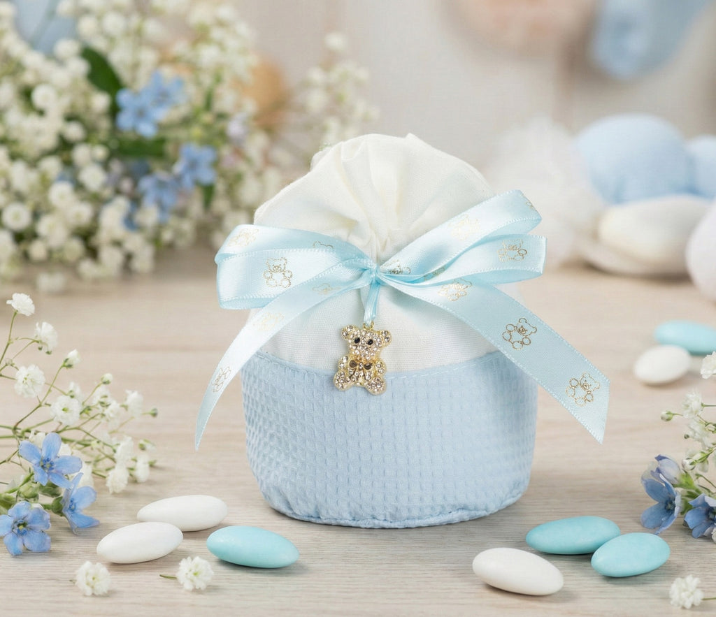 Set sacchetto bicolor porta confetti da 5 pz con orsetto bomboniera per nascita, battesimo, Harmony S3211A